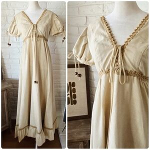 Vintage 1970s Romantic Gold Trim Maxi Dress With Wood Beads, Party